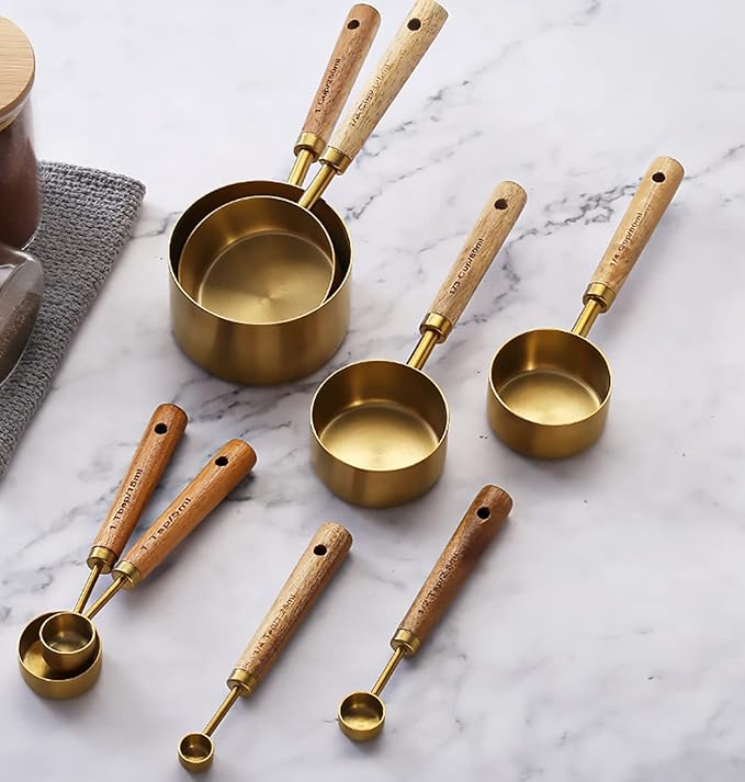 Measuring Cups and Spoons Set of 8, Stainless Steel Gold Measuring Cups Kit with Wooden Handle, Kitchen Cooking Baking Spoons Tool Set for Solid and Liquid Iingredients