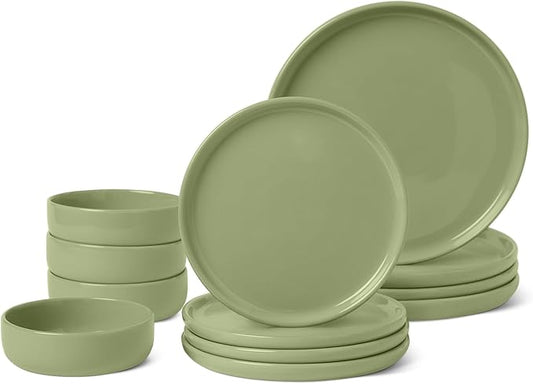 Amazon Basics Glazed Stoneware Dinnerware, 12-Piece Set, 4 Full Place Settings, Microwave and Dishwasher-Safe, Olive