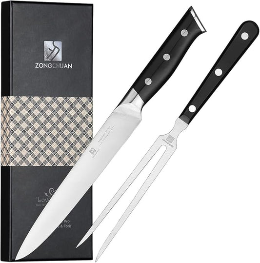 8" Stainless Steel Carving Knife and 7" Fork Set, Professional BBQ Brisket Slicing Kit with Ergonomic Full Tang Handle, Premium Meat, Fruits & Vegetables Cutting Tools in Gift Box