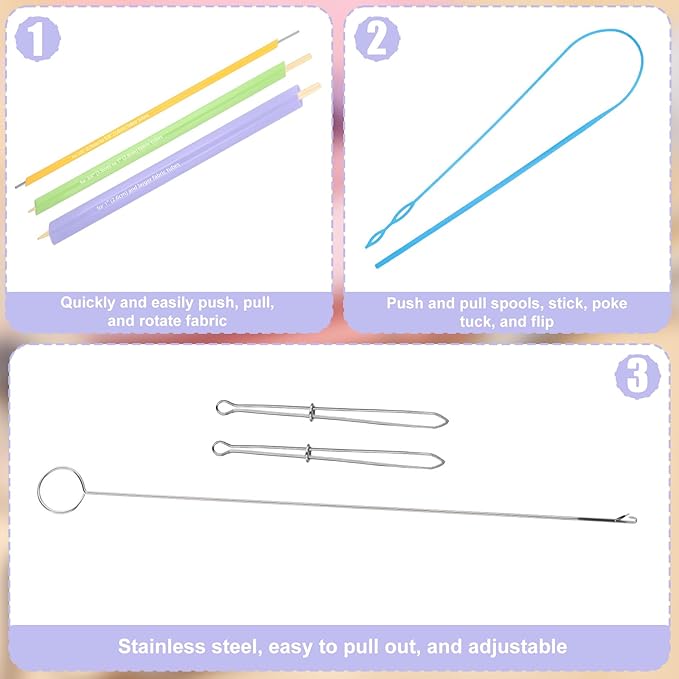 15pcs Quick Turn Fabric Set, Multifunctional Fabric Tool for Sewing Threading Crafting & DIY Projects, Tube Loop Turner Sewing Kit Accessories with Stainless Steel Rods & Elastic Needle Threaders