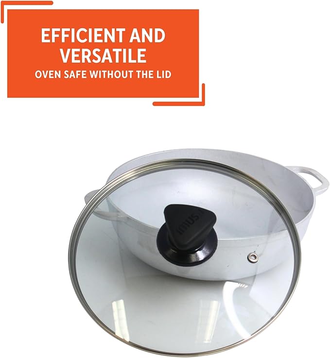 IMUSA Caldero Cast Aluminum Stock Pot 7 Qt with Glass Lid, 30 cm Diameter, Heavy Bottom Cooking Pot with Riveted Handles, Oven Safe Rice Pot for Stews, Soups and Beans