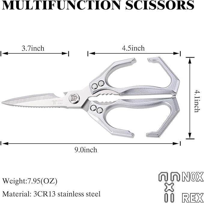 Kitchen Shears, stainless steel Sharp Kitchen scissors Dishwasher Safe, Gadgets Cooking Shears for Meat, Chicken Fish Poultry Herb Bread for Food Multi-function for home use (silver)
