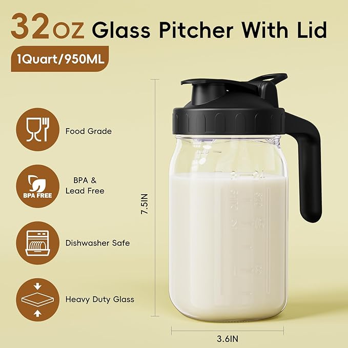Breast Milk Pitcher - 32 oz Glass Mason Jar with Dual Leak-Proof Design, Airtight Seal, Pour Spout & Handle, Storage Container for Breastmilk, Iced Tea & Ice Drinks（Black）