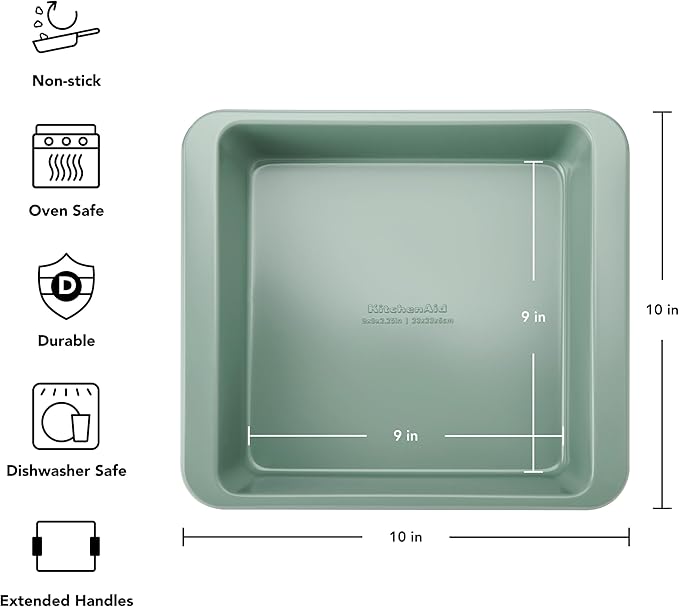 KitchenAid Nonstick Swiss Engineered Aluminized Steel Square Cake Pan, Dishwasher Safe, Cardamom, 9 Inch