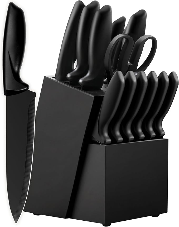 Knife Set, KroWallu 16 Pieces Knife Sets for Kitchen with Block, Dishwasher Safe Kitchen Knife Set with Built-in Sharpener, Japanese Stainless Steel Black Knife Block Set