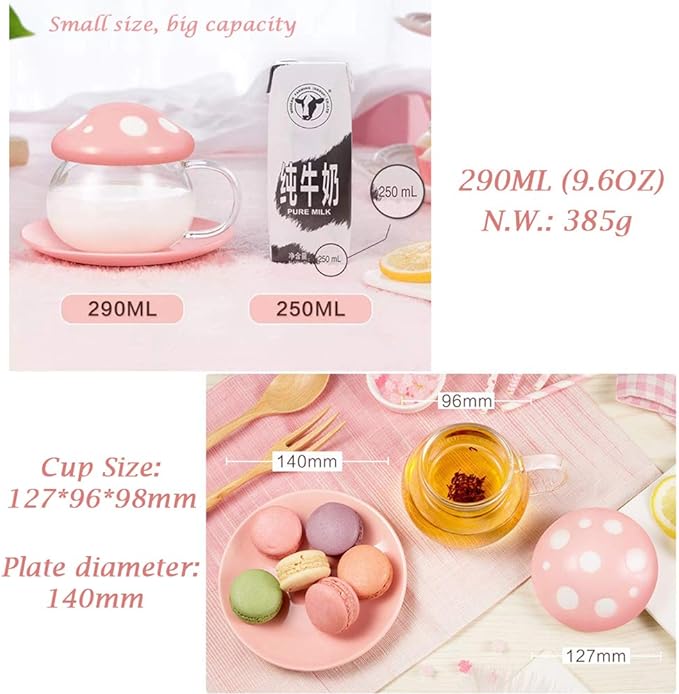 Mushroom Tea Cup Set, Cute Glass Tea Cups and Saucers, Kawaii Tea Cup with Infuser for Loose Leaf Tea Steeper, Coffee Mug Christmas Gifts for Women, Tea Infuser Mug with Lid for Mother Girls (Orange)