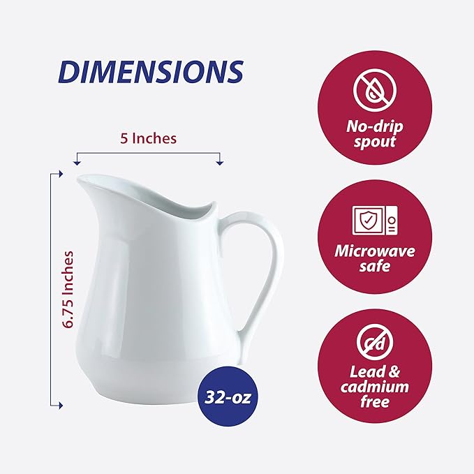 HIC Kitchen Creamer Pitcher With Handle, Fine Porcelain, 32-Ounce Capacity, For Coffee, Tea, Dressings, Gravies, Sauces