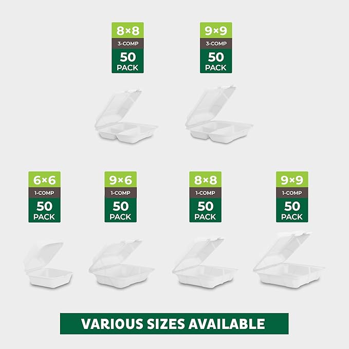 Freshware Clamshell Food Containers with Lids [8x8"] 3-Compartment 200-Pack, Disposable To Go Containers, Biodegradable Sugarcane To Go Boxes - Paper Containers - Microwave & Freezer Safe, Stackable