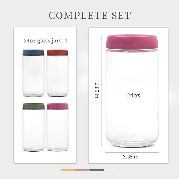 24oz 4Pack Glass Overnight Oats Jars Containers with Airtight Leakproof Lids, Reusable Mason Jars for Meal Prep, Yogurt Parfaits, Smoothies, Salads & Healthy Breakfasts (24 OZ-4-1)
