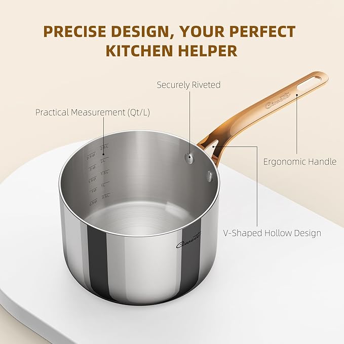 3 Quart Sauce Pan with Lid, Upgraded Tri-Ply Stainless Steel Saucepan with Mirror Polishing and 2 Scales, Induction Ready Cooking Pot with Stay-Cool Brass Handle, Dishwasher & Oven Safe