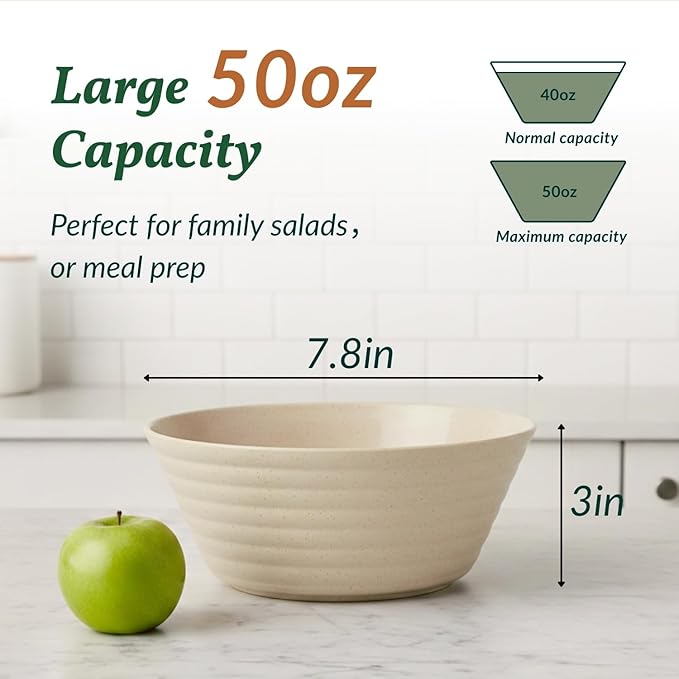 Homienly Premium Wheat Straw Bowls, Unbreakable Large Cereal Bowl Set of 6, Alternative to Plastic Bowls, Microwave & Dishwasher Safe 50 OZ Big Bowl for Home, Outdoor- Beige