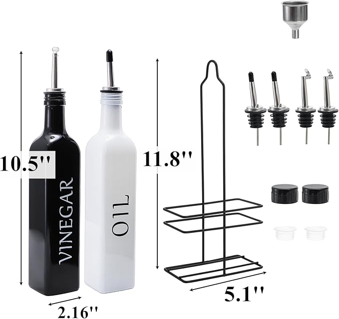 Tebery 2 Pack Oil and Vinegar Dispenser Set with Caddy Holder, 17oz Black & White Olive Oil Dispenser Bottle, Cute Modern Vintage Glass Cruet for Kitchen