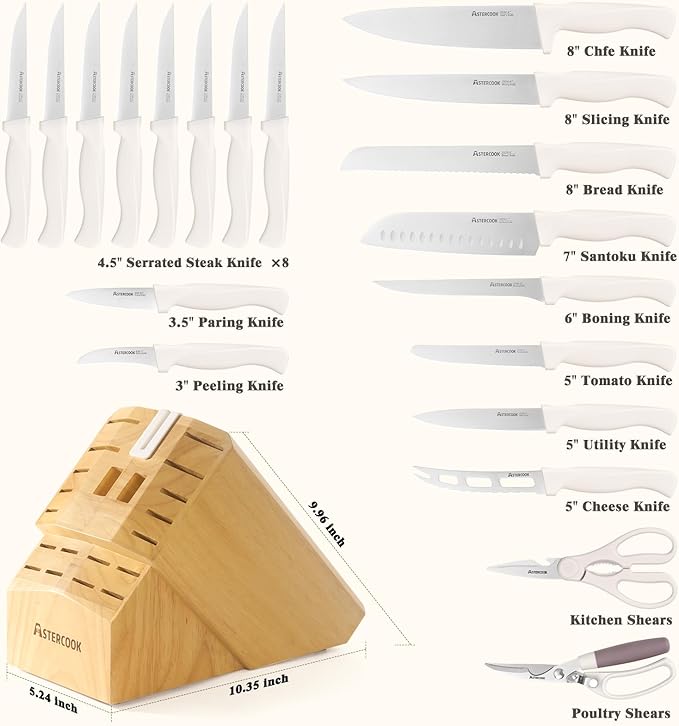Knife Set, Astercook 22-Piece Kitchen Knife Set with Block & Built-in Sharpener, Ultra-Sharp High Carbon Stainless Steel Knives, Dishwasher Safe, Ergonomic Anti-slip Handle, Valentine's Gift