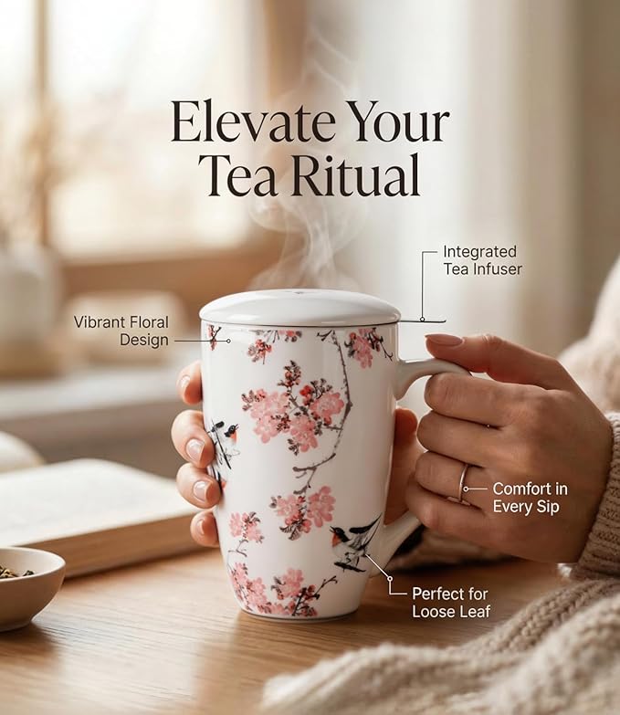 AmorArc Porcelain Tea Mug with Infuser and Lid – 18oz Loose Leaf Tea Cup with Handle, Gift for Tea Lovers (Men & Women)