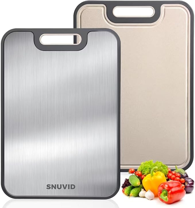 Stainless Steel Cutting Board, Large Double Sided Cutting Board for kitchen, 18/8 Stainless Steel & Wheat straw pp, Food-Grade, non Toxic - Easy to Clean, 16 x 11 Inches