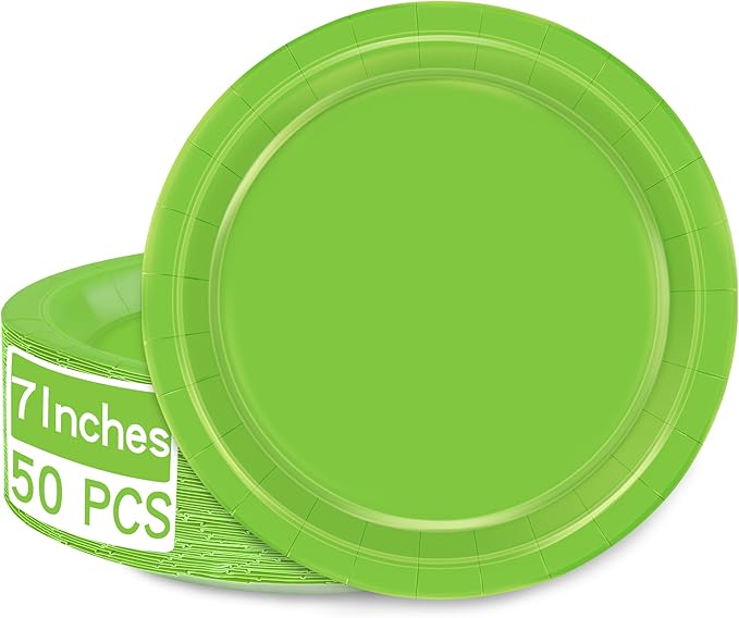 QZYL 50 PCS Disposable Plates Lime Green, 7" Bulk Paper Plates, Dessert Plates Disposable, Heavy Duty Paper Plates, Party Dinnerware for Green Party Theme Wedding Bridal Birthday Party Decorations