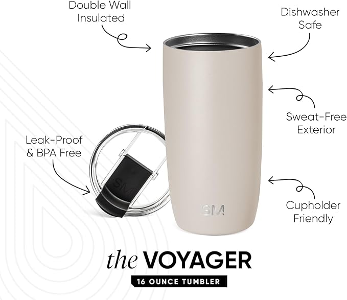 Simple Modern Voyager Tumbler with Flip Lid | Travel Coffee Mug | Insulated Stainless Steel Cold Brew Iced or Hot Coffee Cup | Gifts for Women Men Her Him | 16oz, Almond Birch