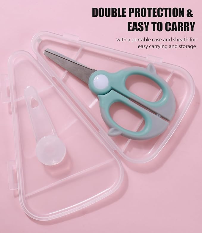 Baby Food Scissors Kicthen Shears -2Pack Portable Healthy Kids Scissors,Stainless Steel Scissor with Storage Travel Case - Ideal for Cutting Meat, Chicken, Vegetables, and Fruits (Pink+Blue)