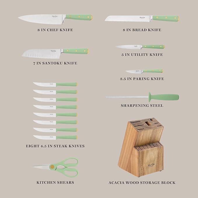 Martha Stewart 16 Piece Lockton High Carbon Stainless Steel Cutlery Kitchen Knife Block Set W/ABS Triple Riveted Forged Handle Acacia Wood Block - Sage Green W/Gold