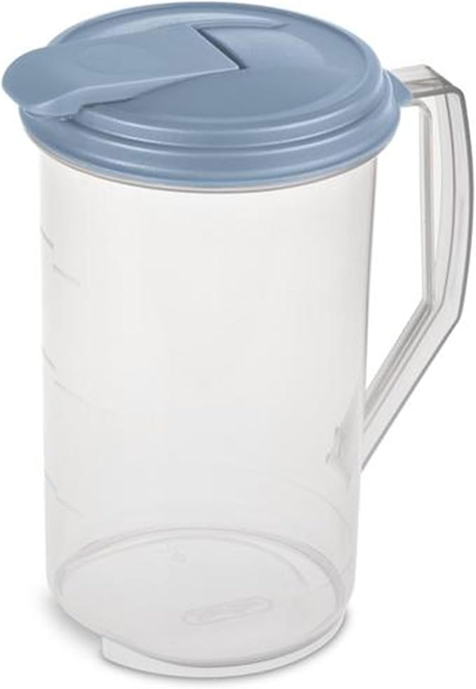 Sterilite 2 Quart Clear Round Plastic Pitcher, Dishwasher Proof with Blue Lid, Spout, and Handle for Easy Pouring, Washed Blue, 12-Pack