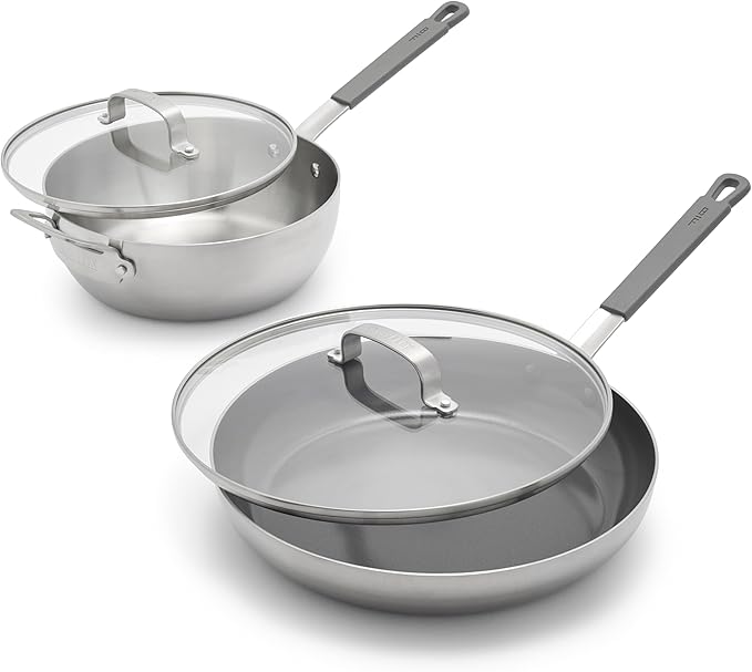 GreenPan x Bobby Flay Stainless Steel 3.75QT Saucepan and 12” Frying Pan Skillet with Glass Lids, Professional Grade Tri Ply, Induction Suitable, Dishwasher & Oven Safe, Stay Cool Silicone Handle