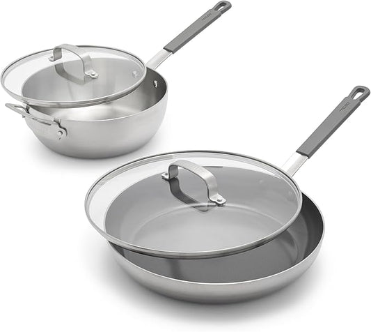 GreenPan x Bobby Flay Stainless Steel 3.75QT Saucepan and 12” Frying Pan Skillet with Glass Lids, Professional Grade Tri Ply, Induction Suitable, Dishwasher & Oven Safe, Stay Cool Silicone Handle