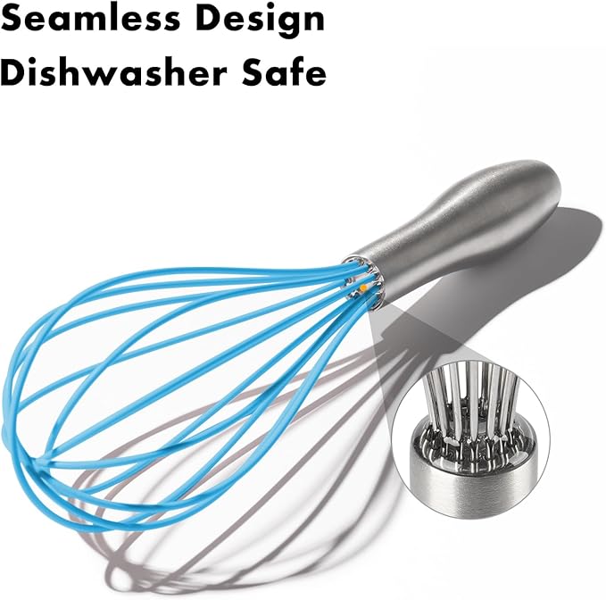 10-Inch Blue Silicone Whisk, Heat Resistant 480°F Kitchen Whisk with Stainless Steel Ergonomic Handle, Non-Scratch for Nonstick Cookware, Dishwasher Safe, Perfect for Blending, Cooking & Beating