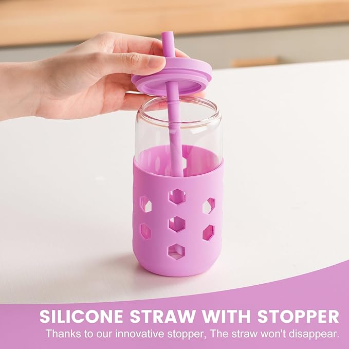 Glass Cups with Lids and Straws (4 Pack), 16oz Drinking Glasses Set with Silicone Sleeves for Coffee Bar Accessories Iced Coffee Cups with Lids, Glass Tumbler Reusable for Gifts