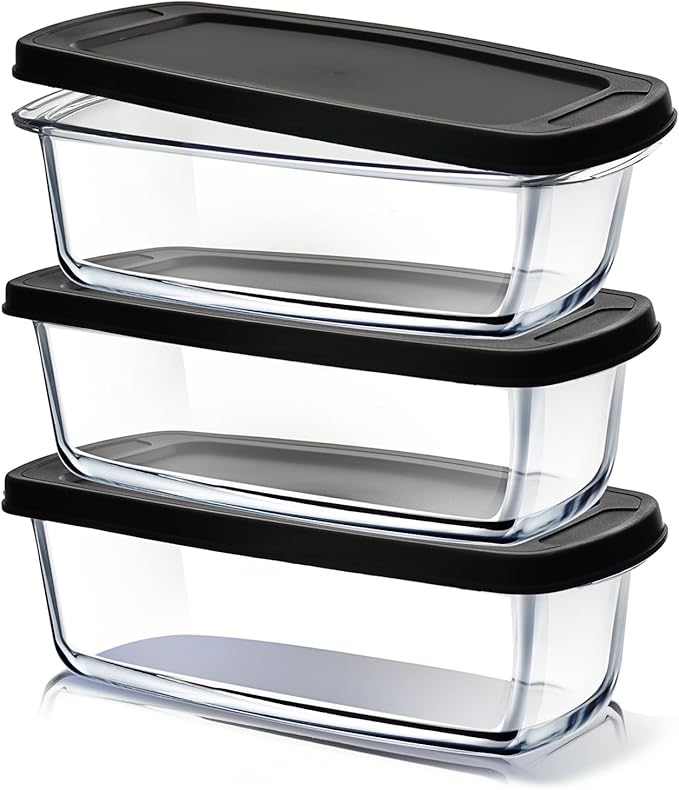 EATEX Glass Bread Pans for Homemade Bread Baking, 1.9 Qt Deep Glass Food Storage Containers with Lids, 3 Bread Loaf Pans 3 Airtight Lids