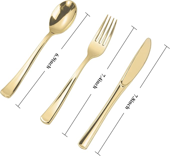 N9R 100PCS Gold Plastic Silverware - Gold Plastic Cutlery Set Disposable Flatware Dinnerware -50 Forks, 25 Spoons, 25 Knives for Party, Birthday, Wedding