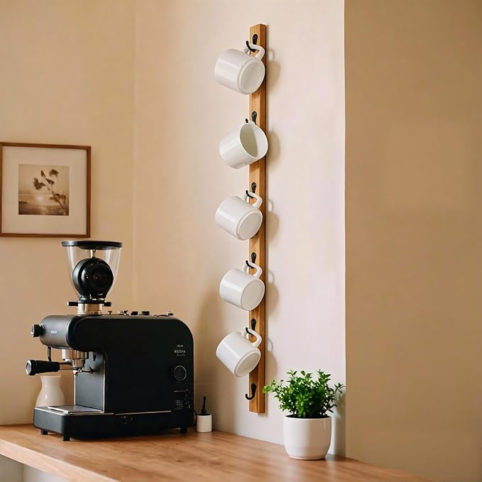 Wall-Mounted Coffee Mug Rack - 6-Hook Solid Wood Cup Holder for Kitchen Cabinet, Space-Saving Tea Bar Organizer with Rustic Decor (Vertical Rectangle Design)