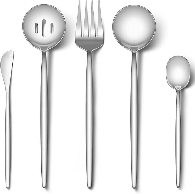 EUIRIO 5PCS Large Serving Utensils Set, Matte Hostess Flatware Serving Utensils, Heavy Duty Stainless Steel Serving Spoon, Slotted Spoon, Serving Fork, Sugar Spoon&Butter Knife, Dishwasher Safe