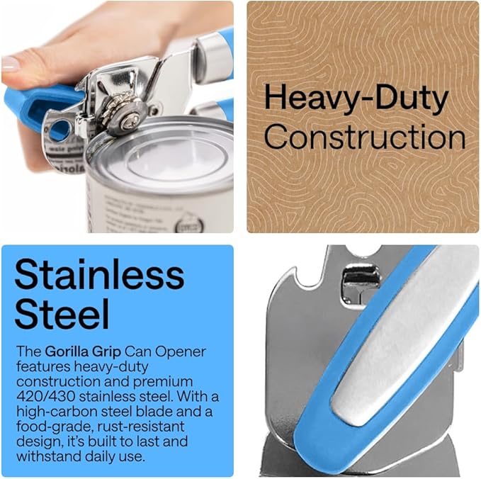 GORILLA GRIP Heavy Duty Stainless Steel Smooth Edge Manual Can Opener and Bottle Openers, Soft Comfortable Handle, Oversized Handheld Turn Knob, US Designed Multifunctional Kitchen Tool, Aqua