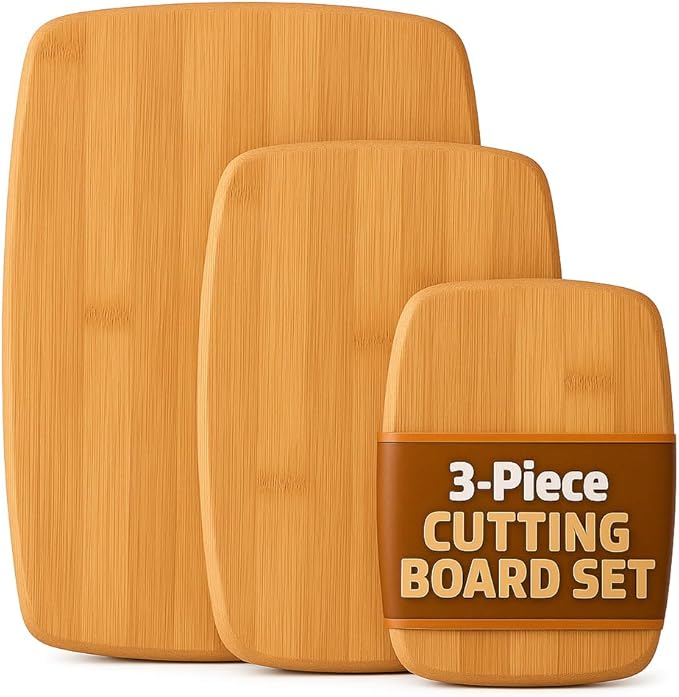 3-Piece Reversible Bamboo Cutting Board Set for Kitchen - Wooden Chopping Boards and Charcuterie Serving Boards for Cheese Meat Bread Fruit and Meal Prep, Knife Friendly Food Grade Bamboo by Bambüsi