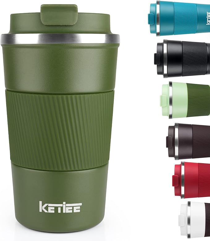 KETIEE Travel Coffee Mug 12oz: Vacuum Insulated Coffee Cup with Leakproof Lid, Coffee Tumbler, Reusable Coffee Cups, Double Wall Stainless Steel Coffee Mug to Go for Hot/Iced Water Tea (Green)