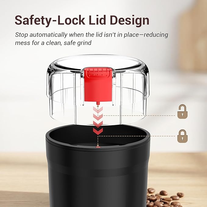 Electric Coffee Grinder, 180W Coffee and Spice Grinder for Coffee Beans, Herbs, Grains, Seeds - One Touch Safety Lid with Stainless Steel Blades - 2.5oz Capacity Includes Cleaning Brush