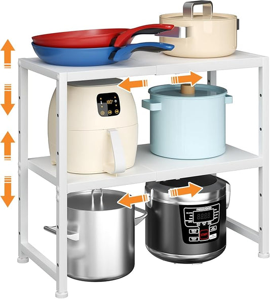 2-Tier Expandable Kitchen Storage Shelf,150LBS Heavy Duty Metal Shelving Units For Small Appliance,Adjustable Pots and Pans Organizer Rack Shelves For Kitchen Counter Under Cabinet Garage Pantry,White