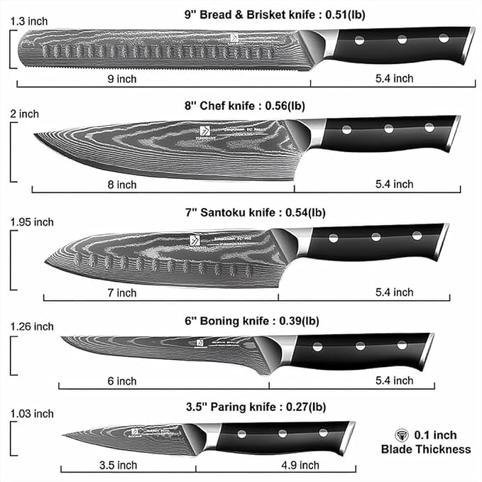 5-Piece Damascus Chef Knife Set: High Carbon Stainless Steel, Professional Ultra Sharp Kitchen Knife Set with Ergonomic Black Handle - Chef/Santoku/Paring/Bread/Brisket/Boning Knives in Gift Box