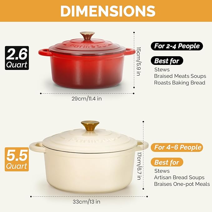 Parmedu 5.5QT Enameled Cast Iron Dutch Oven with Lid, Cream White Heavy Duty Pot for Sourdough, Bread Baking, Soup, Stews & Roasting with Recipe, Heat-Resistant Grips, Potholder, Cleaning Sponge