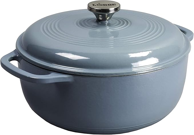 Lodge Essential Enamel Cast Iron Dutch Oven with Lid - Oven-Safe Enamel Cookware up to 500° F - Heat-Retaining Braising & Roasting Pot - Non-Toxic Cookware - 7.5 Quart, Storm Blue