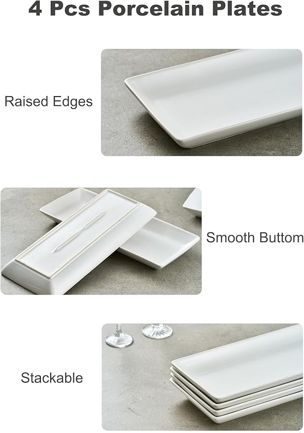 Serving Platters and Tray White Serving Dishes for Entertaining 14-inch Large Rectangle Plates for Easter, Mother's Day, Porcelain Serving Trays for Steak, Taco, Sushi, Appetizer, Party, Set of 4