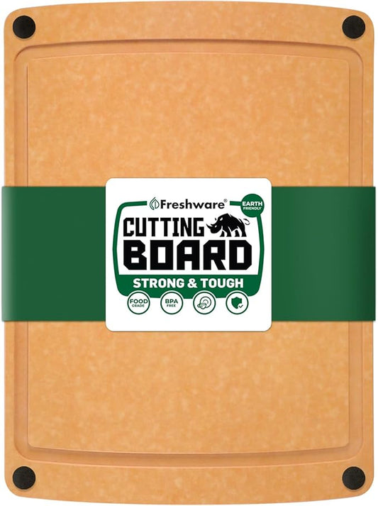 Freshware Wood Cutting Board for Kitchen, Juice Groove, Non-Slip Silicone Feet, Dishwasher Safe, Medium, 12" x 9", Natural