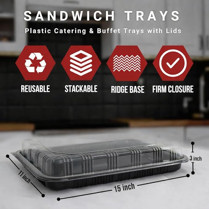 10 Pack Catering Trays with Lid – 15" Serving Trays with Lids - Reusable Serving Platter With Lid for Catering, Buffet, Picnics & Events – Party Trays With Lids (15.35 × 11.42 × 2.95inch)