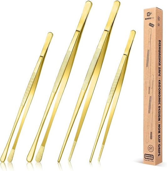 4 Pcs Fine Long Tweezer Tongs Professional Gold, 12'' and 10'' Stainless Steel for Kitchen, Food, Cooking, Repairing, Sea food and BBQ