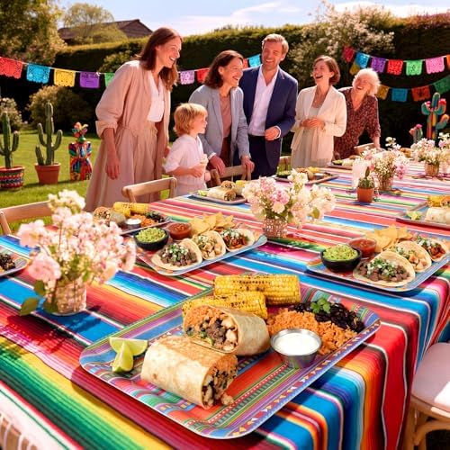 Vesici 4 Pack Mexican Melamine Serving Trays, 13 x 10 in Rectangular Decorative Platters, Colorful Aztec Boho Pattern Snack & Appetizer Plates for Taco Bar, Patio, Parties, Home Decoration