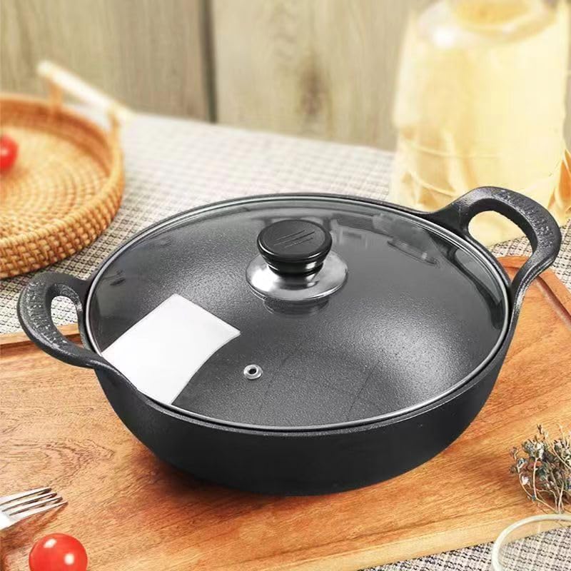 Cast Iron Wok with Dual Handle, Pre-Seasoned Stir-Fry Pans (Wok with Lid 11 inch)