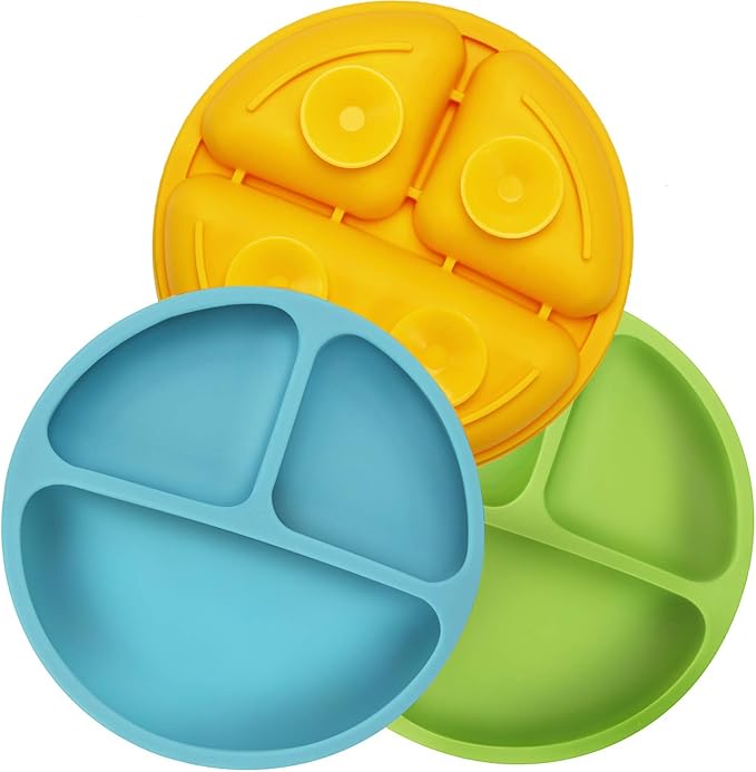 PandaEar Divided Unbreakable Silicone Baby and Toddler Plates - 3 Pack - Non-Slip - Microwave Safe - Silicone (Blue Green Yellow)