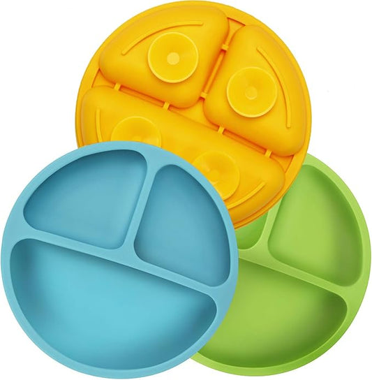 PandaEar Divided Unbreakable Silicone Baby and Toddler Plates - 3 Pack - Non-Slip - Microwave Safe - Silicone (Blue Green Yellow)