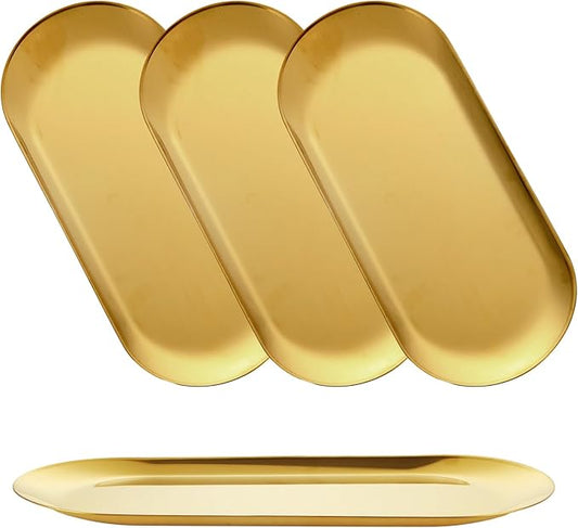 4PCS Stainless Steel Serving Tray Set Gold Platters for Serving Food Party Large Metal Trays Decorative 12" Long Plate Oval Storage Trays Thickened Serving Dishes for Entertaining Sushi Snack