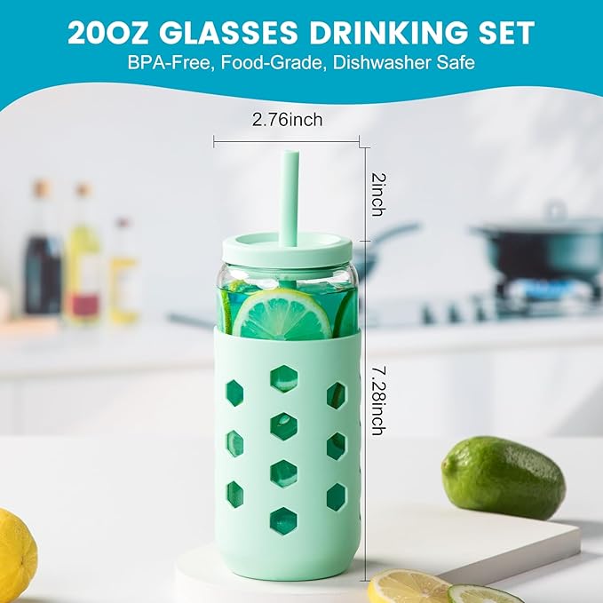 Glass Cups with Lids and Straws (4 Pcs), 20oz Drinking Glasses Set with Silicone Sleeves for Coffee Bar Accessories Iced Coffee Cups with Lids, Glass Tumbler Reusable for Gifts